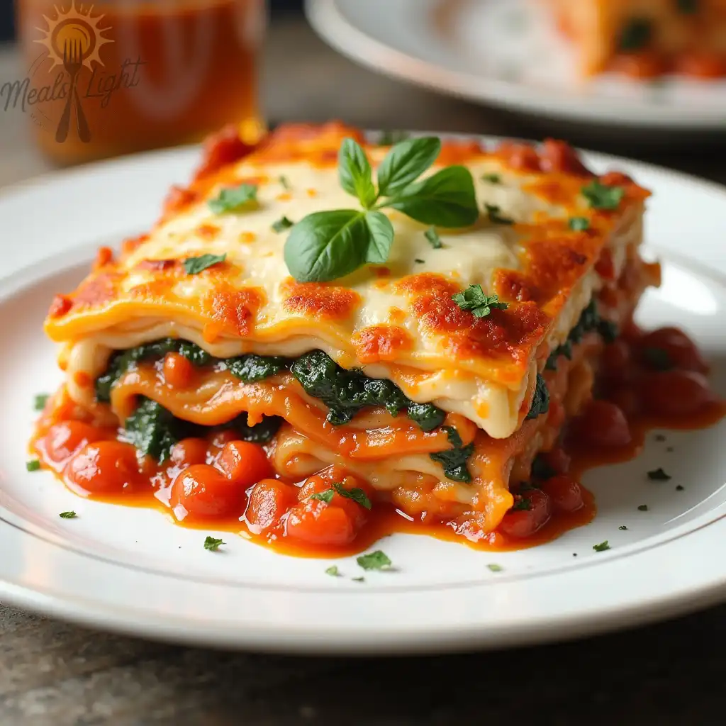 A delicious slice of vegetarian lasagna layered with cheese, tomato sauce, and mixed vegetables, garnished with fresh herbs and served on a white plate.