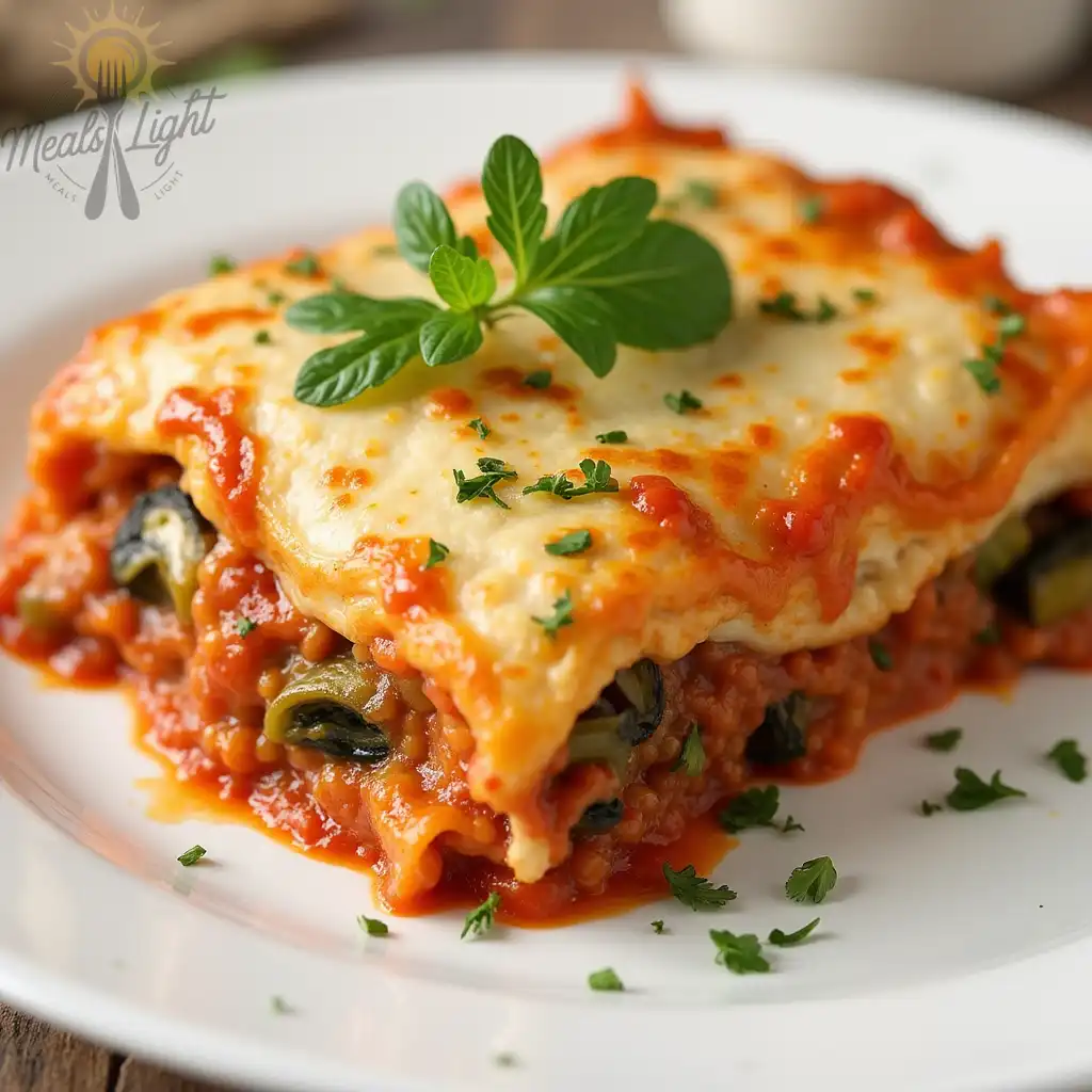 A delicious slice of vegetarian lasagna layered with cheese, tomato sauce, and mixed vegetables, garnished with fresh herbs and served on a white plate.