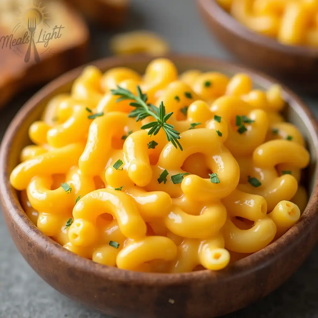 A close-up view of creamy macaroni and cheese garnished with fresh parsley in a bowl.