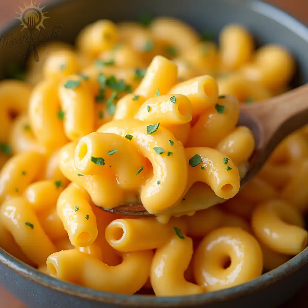 A close-up view of creamy macaroni and cheese garnished with fresh parsley in a bowl.