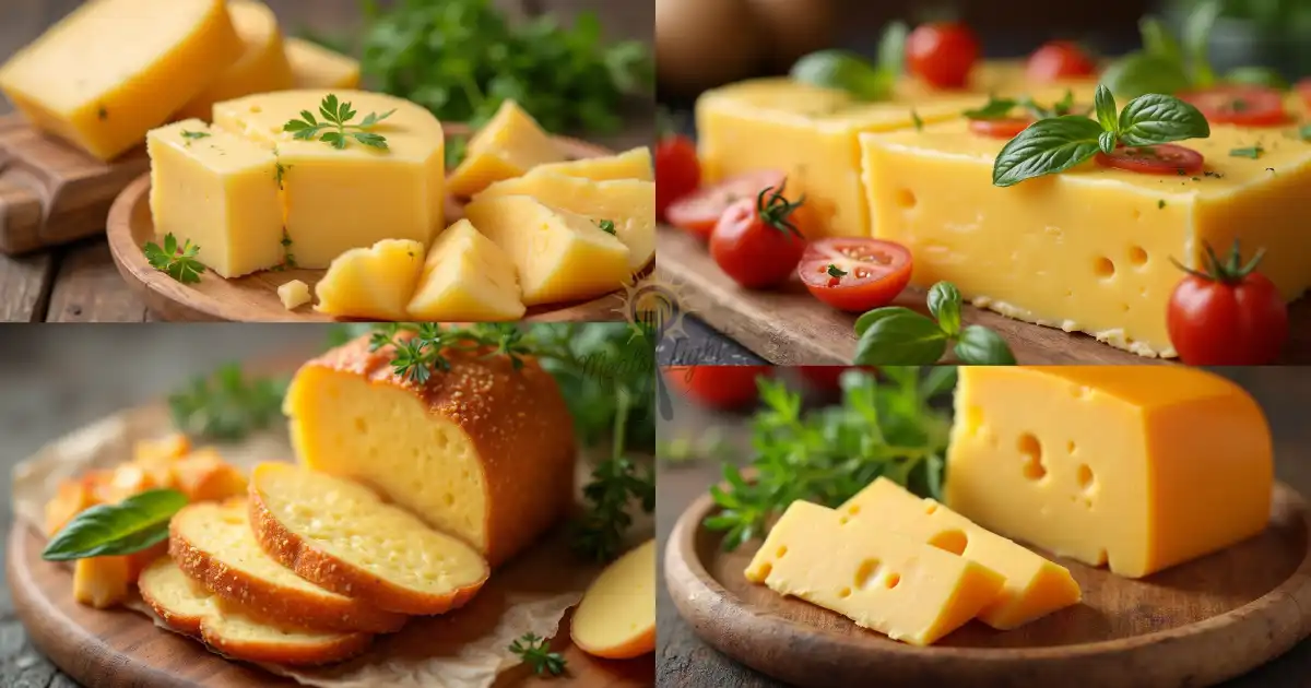 Close-up of various cheese types on a wooden board with a question, 'Is cheese vegetarian?