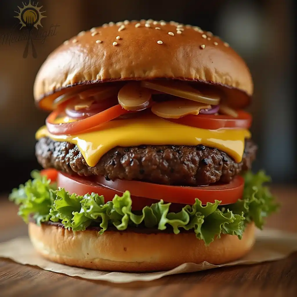  A vegetarian cheeseburger with a sesame seed bun, lettuce, tomato, red onion, and a plant-based patty on a plate garnished with green peas and sesame seeds.