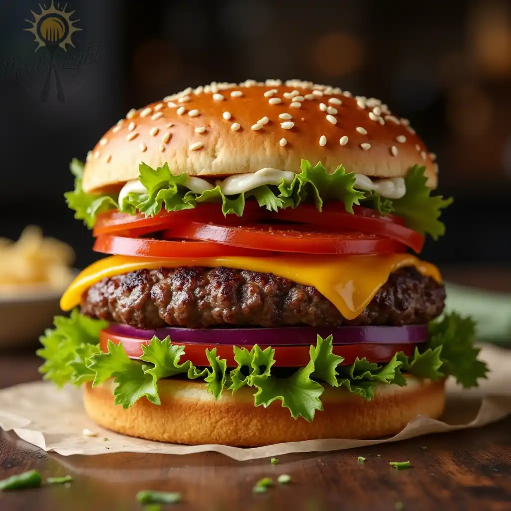  A vegetarian cheeseburger with a sesame seed bun, lettuce, tomato, red onion, and a plant-based patty on a plate garnished with green peas and sesame seeds.