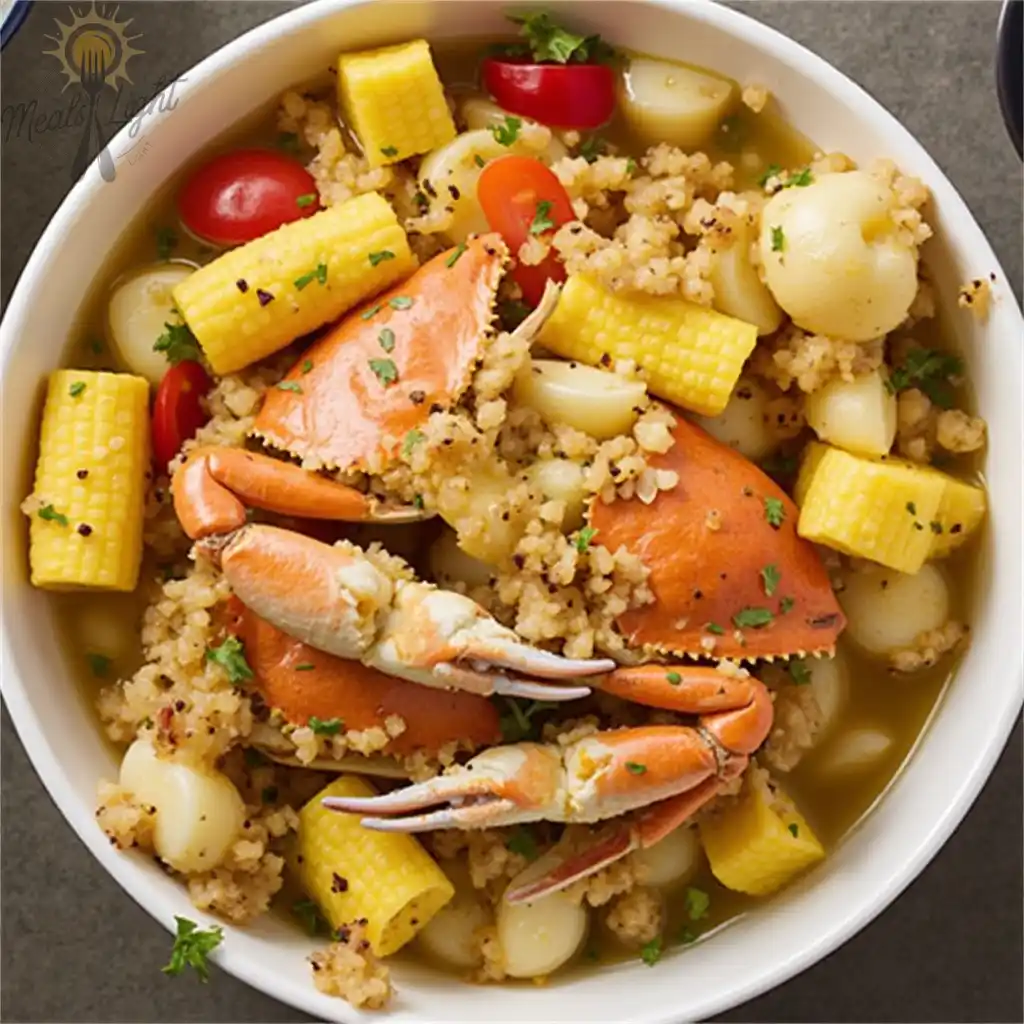 Plate of crab boil with shrimp, corn, potatoes, and sausage, served with butter and seasoning.