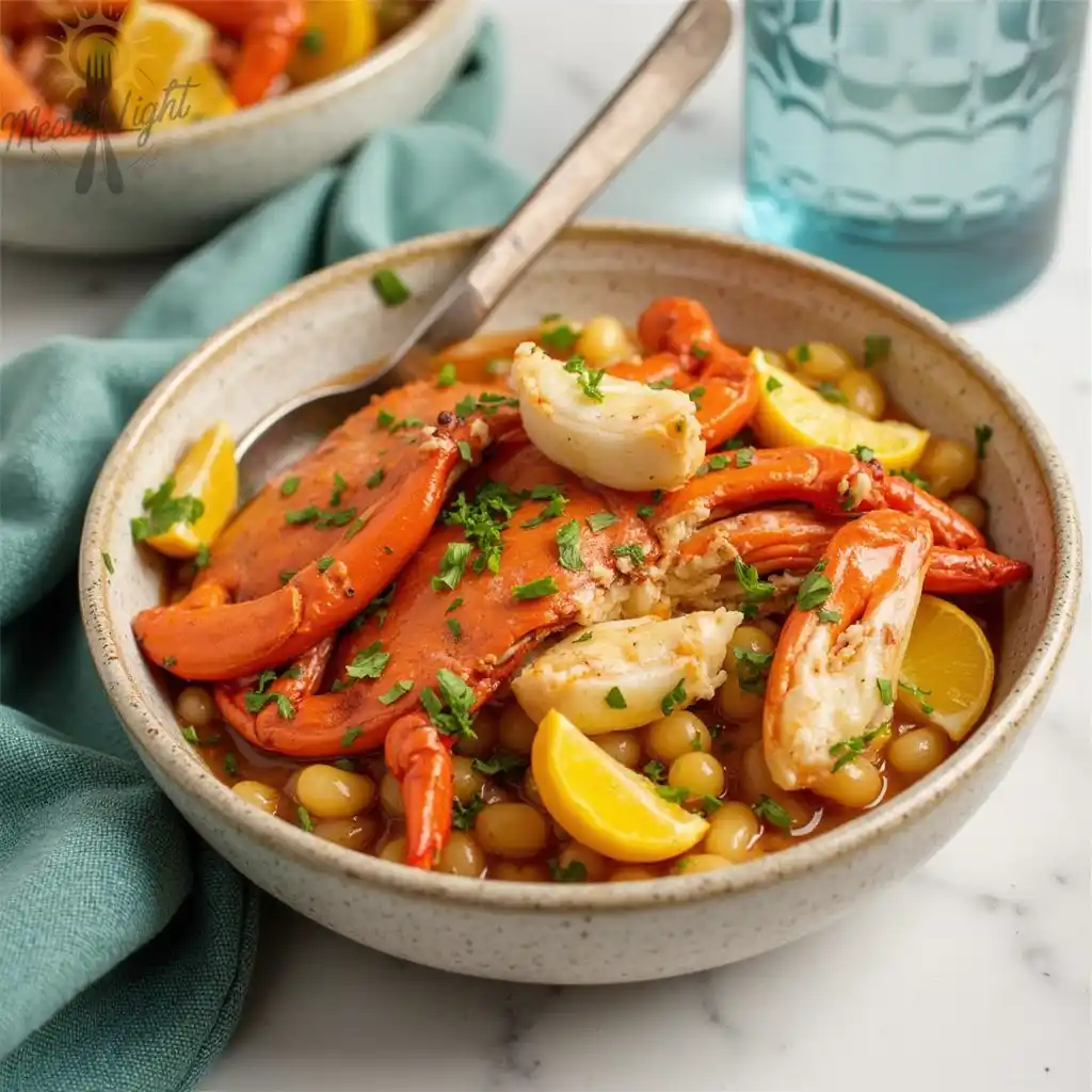 Plate of crab boil with shrimp, corn, potatoes, and sausage, served with butter and seasoning.