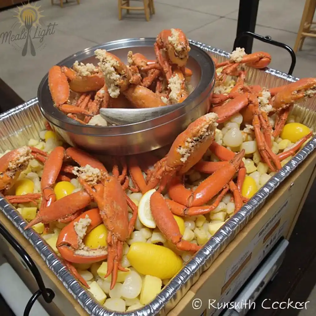 A tray filled with a delicious crab boil featuring red crabs, shrimp, potatoes, corn, and lemon slices, accompanied by dipping sauces