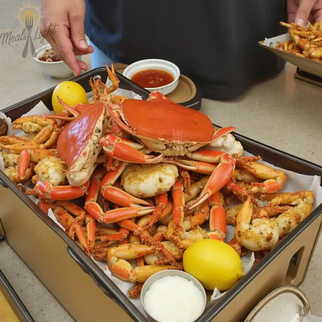 A tray filled with a delicious crab boil featuring red crabs, shrimp, potatoes, corn, and lemon slices, accompanied by dipping sauces