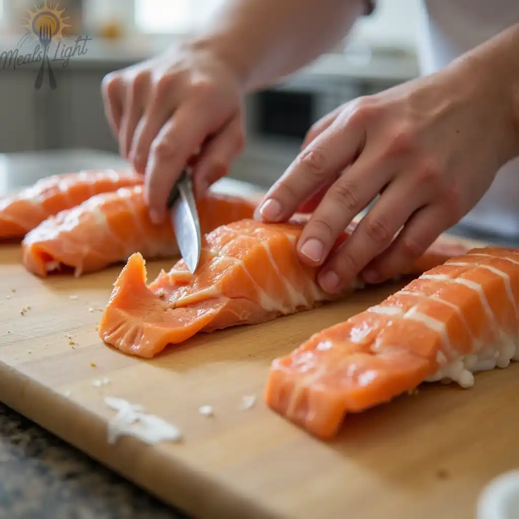 Close-up of hands slicing fresh salmon fillets on a wooden cutting board.