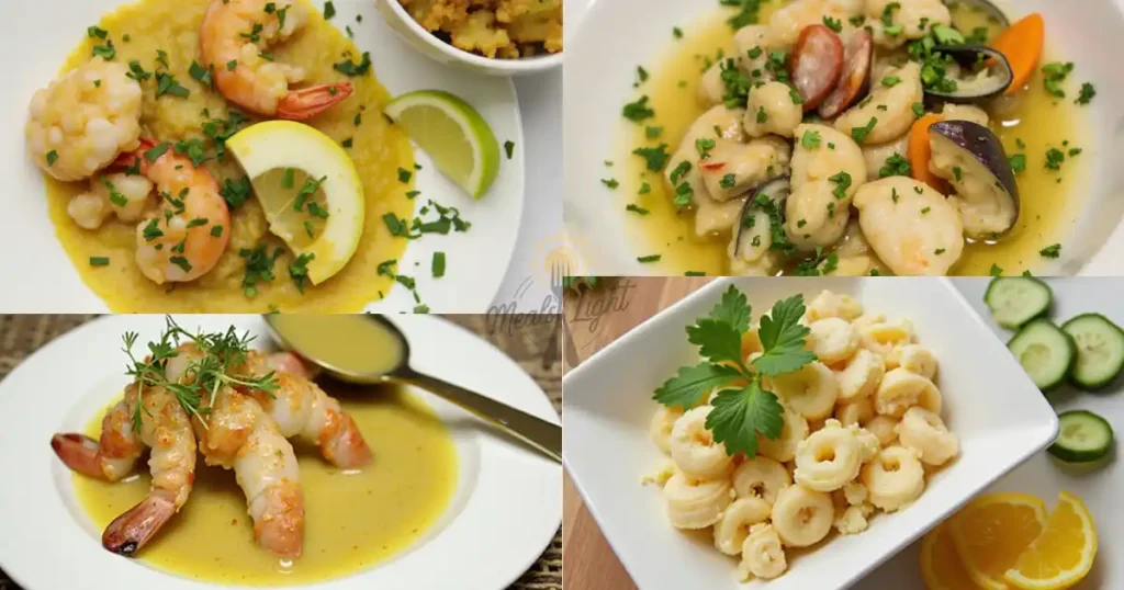 Seafood dressing with shrimp, crab, and seasoning in a baking dish, ready to serve.