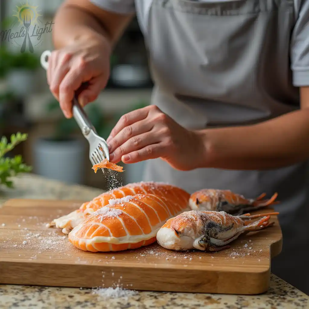 Close-up of hands slicing fresh salmon fillets on a wooden cutting board.