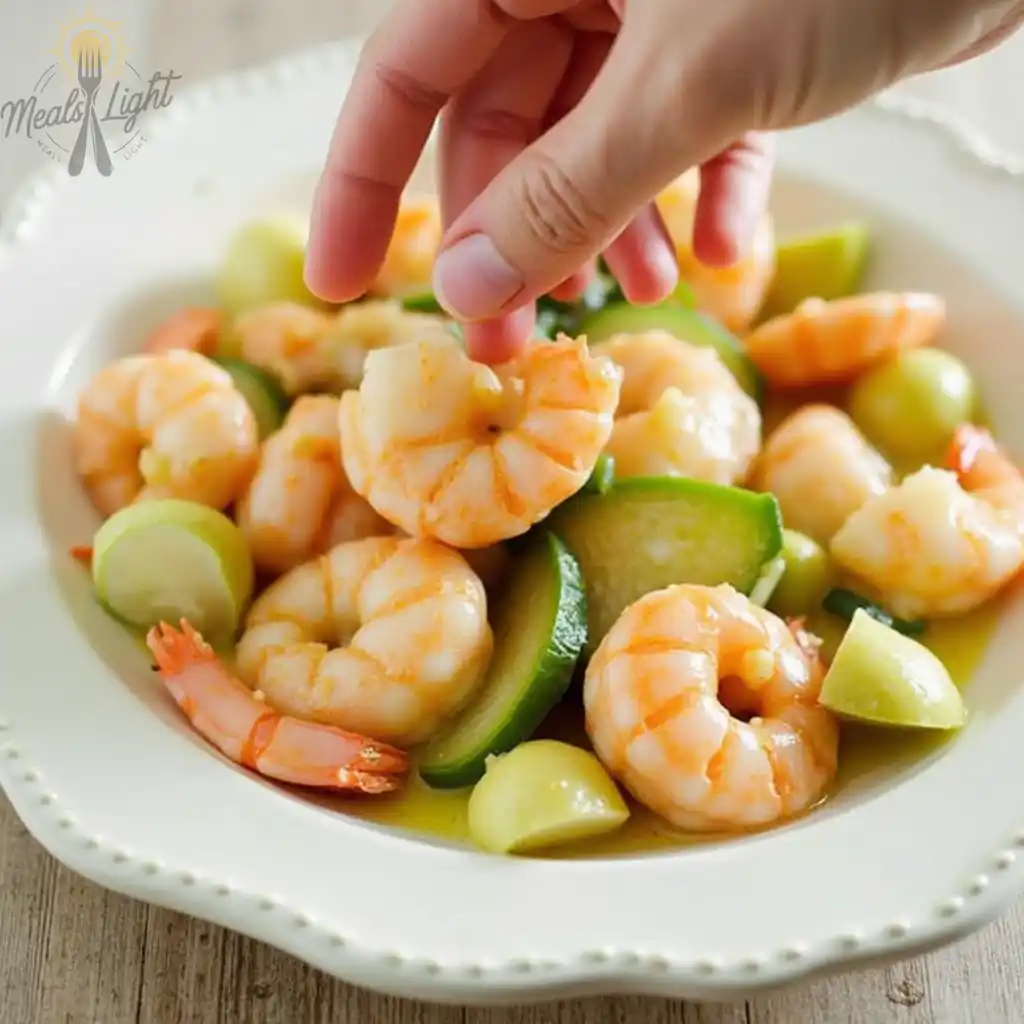 A plate of cooked shrimp garnished with fresh parsley, served with a side of lemon wedges and creamy dipping sauce.