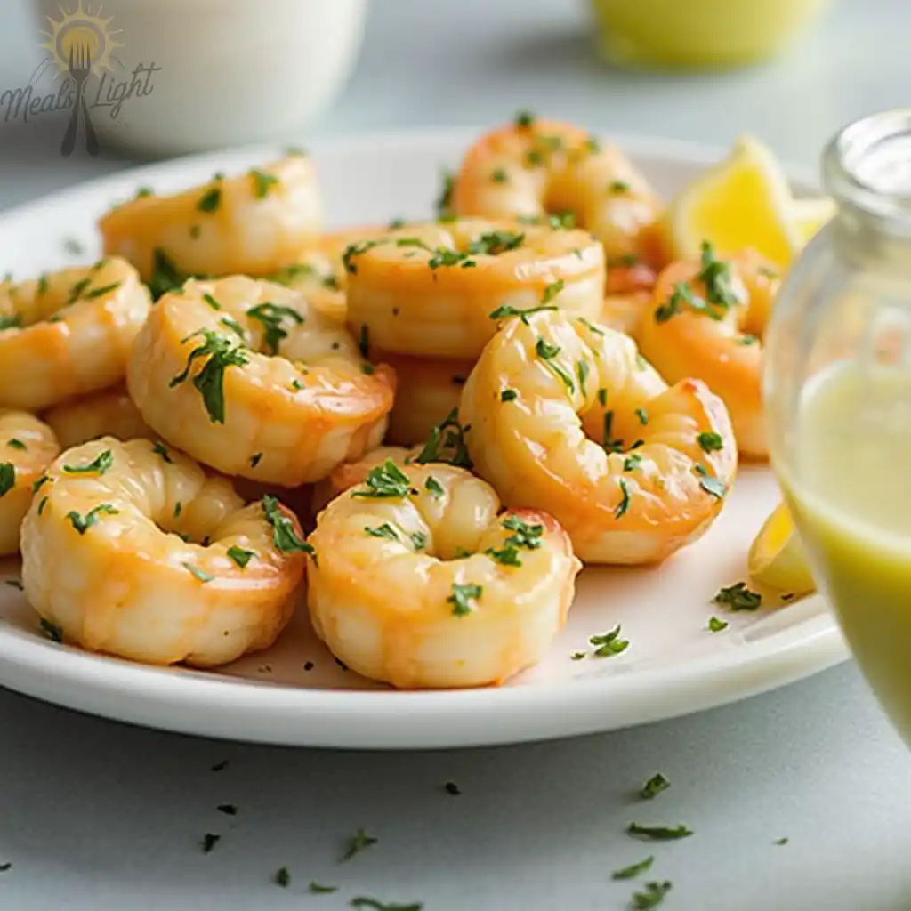 A plate of cooked shrimp garnished with fresh parsley, served with a side of lemon wedges and creamy dipping sauce.