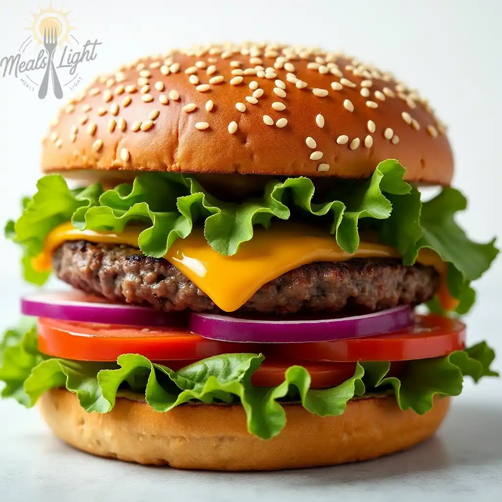  A vegetarian cheeseburger with a sesame seed bun, lettuce, tomato, red onion, and a plant-based patty on a plate garnished with green peas and sesame seeds.