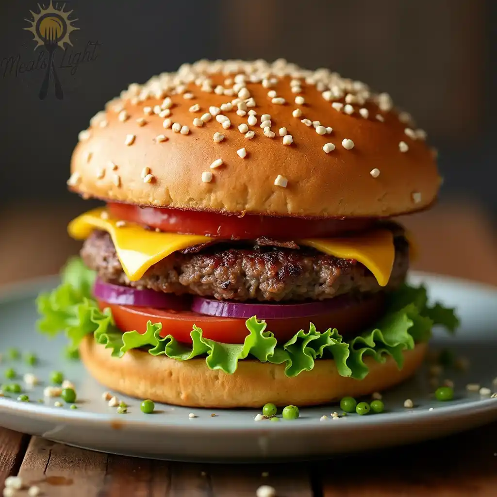  A vegetarian cheeseburger with a sesame seed bun, lettuce, tomato, red onion, and a plant-based patty on a plate garnished with green peas and sesame seeds.