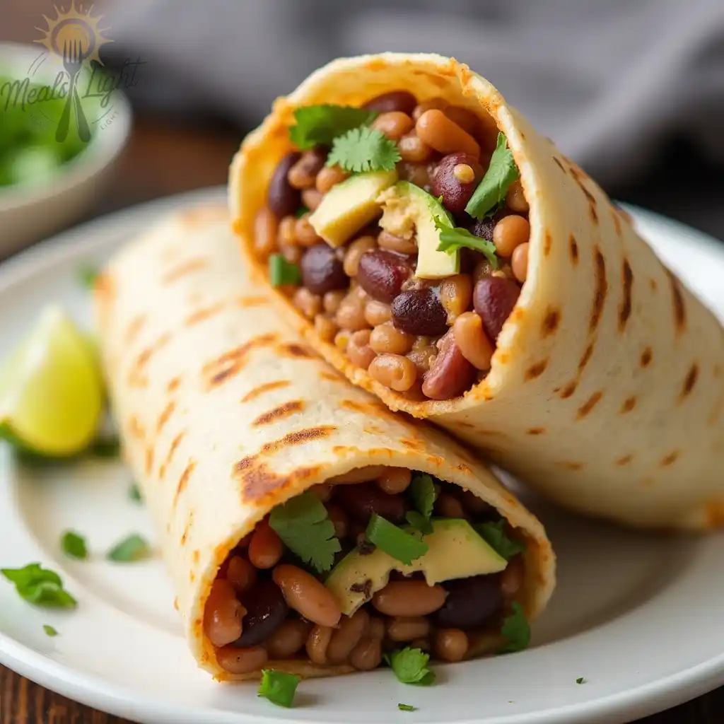 Two grilled vegetarian burritos filled with beans, avocado, and cilantro, served on a white plate with lime wedges.