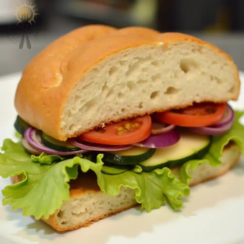 A vegetarian sandwich with fresh lettuce, tomato slices, cucumber, red onion, and cheese on a soft, fluffy bun.