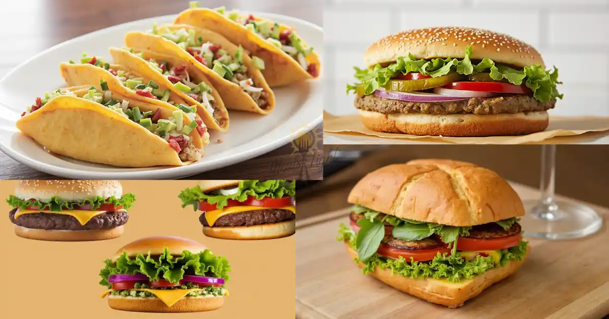 A collage of vegetarian fast-food options, including tacos filled with vegetables, a sesame seed burger, a cheeseburger, and a gourmet sandwich with fresh greens.