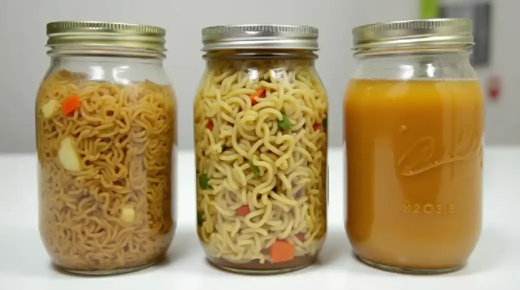 Three mason jars filled with noodle soup preparations; two contain noodles with vegetables, and one is filled with broth.