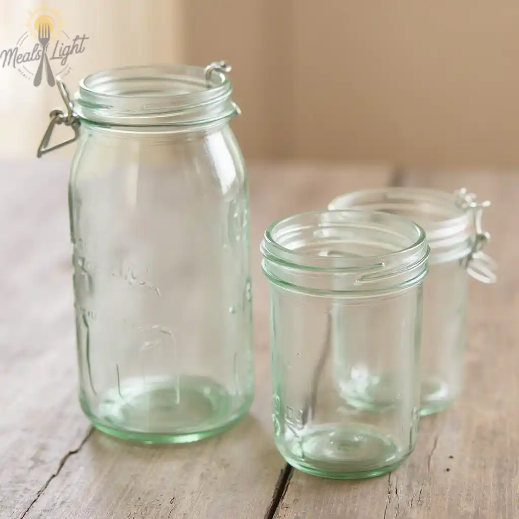 Three empty glass jars of varying sizes with clip-top lids, placed on a wooden surface.