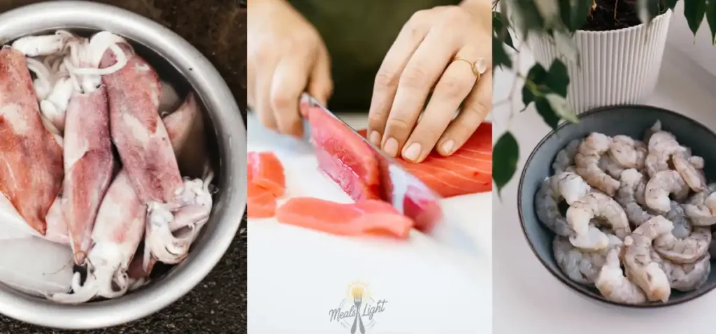 Three-panel image showing raw squid tubes with tentacles (left), hands cutting raw salmon (middle), and cleaned raw shrimp in a bowl (right)