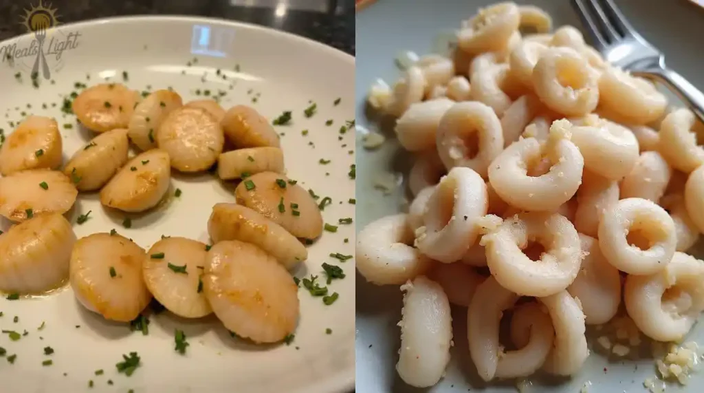 Side-by-side comparison of two seafood dishes: seared scallops garnished with fresh herbs on a white plate (left) and cooked calamari rings (right)