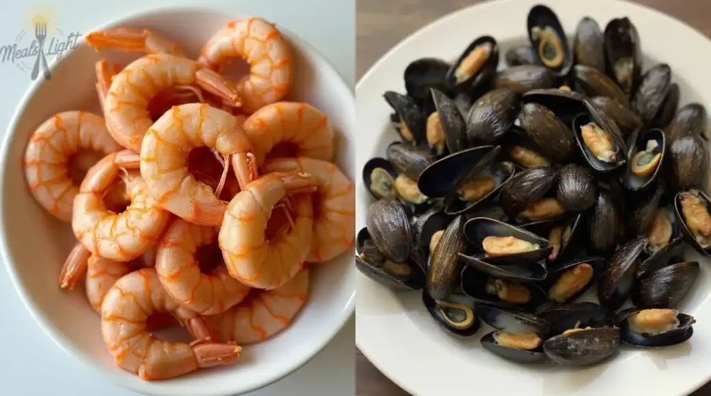 Side-by-side comparison of two seafood dishes: cooked pink shrimp on a white plate (left) and steamed mussels in their shells (right)