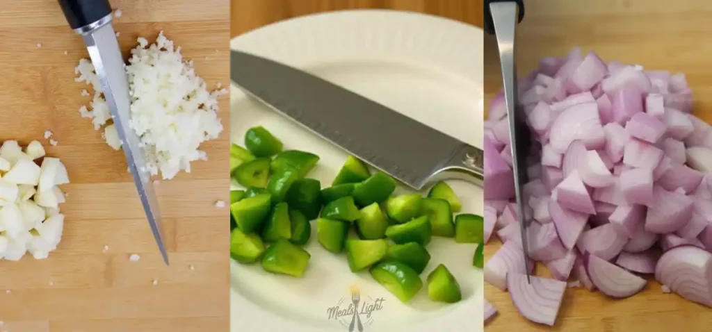 Three-panel image showing chopped garlic (left), diced green bell peppers (middle), and chopped red onions (right) on cutting boards