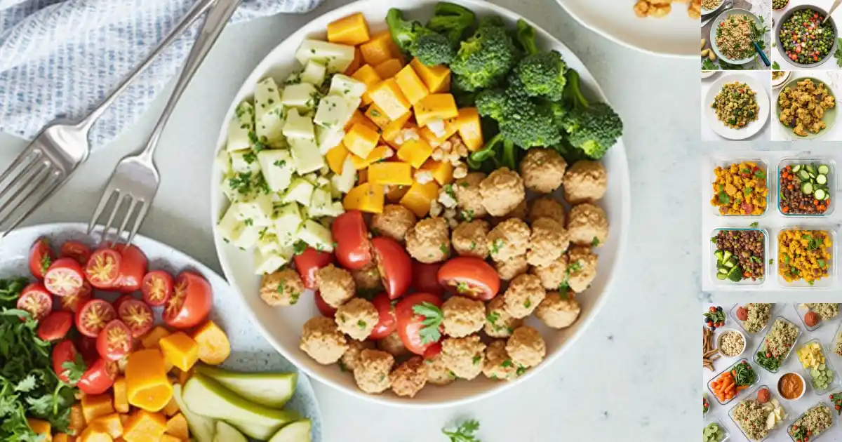 A colorful bowl of vegetarian ingredients, including broccoli, cherry tomatoes, cheese cubes, tofu, and vegetarian meatballs, with an assortment of vegetables and meal prep ideas on the side.