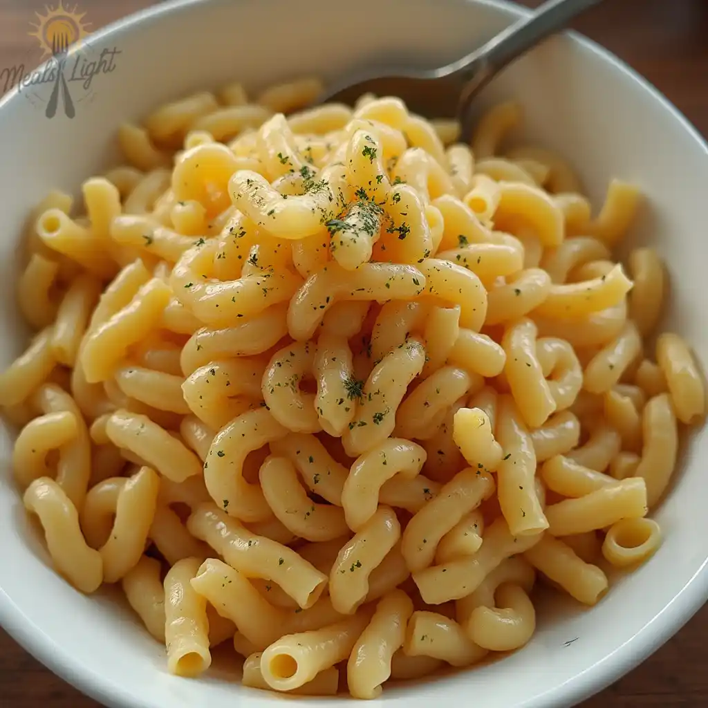 A bowl of creamy, cooked pasta garnished with fresh herbs and served with a spoon.