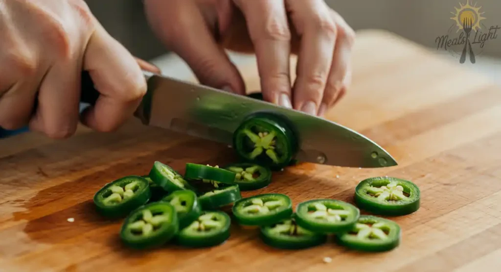 Slicing fresh jalapeños for homemade jalapeño chips.