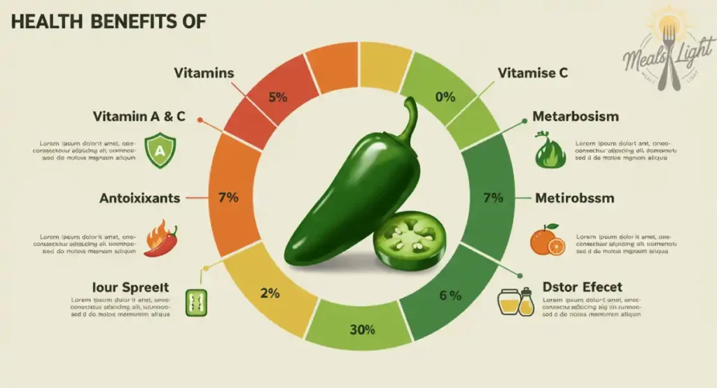 Infographic showing health benefits of jalapeños: vitamins A and C, antioxidants, and metabolism boost.