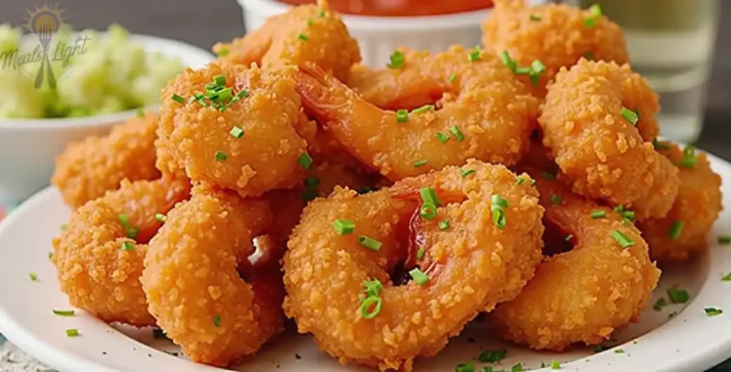 Crispy Bang Bang shrimp drizzled with creamy, spicy sauce, served on a plate with garnish.