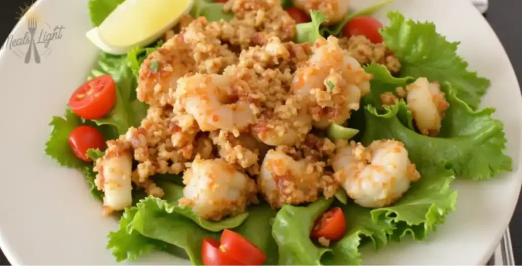 Crispy Bang Bang shrimp drizzled with creamy, spicy sauce, served on a plate with garnish.