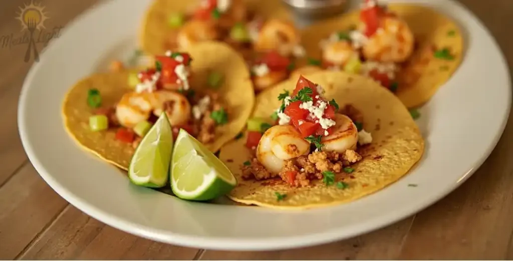 Freshly prepared shrimp tacos served on corn tortillas, topped with diced tomatoes, crumbled cheese, green onions, and parsley, with lime wedges on the side.