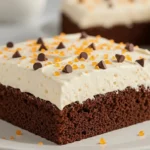 A rich chocolate Kefir Sheet Cake topped with creamy white frosting, garnished with chocolate chips and orange sugar crystals.