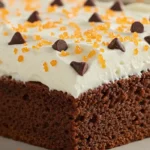 A rich chocolate Kefir Sheet Cake topped with creamy white frosting, garnished with chocolate chips and orange sugar crystals.