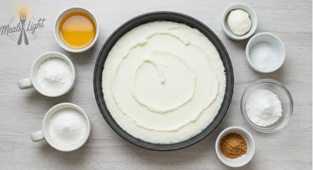 Overhead view of ingredients for a dessert recipe, including a large bowl of white cream mixture surrounded by small bowls containing egg yolk, various powders, and other ingredients on a light gray surface. A 'Meals Light' logo appears in the corner.