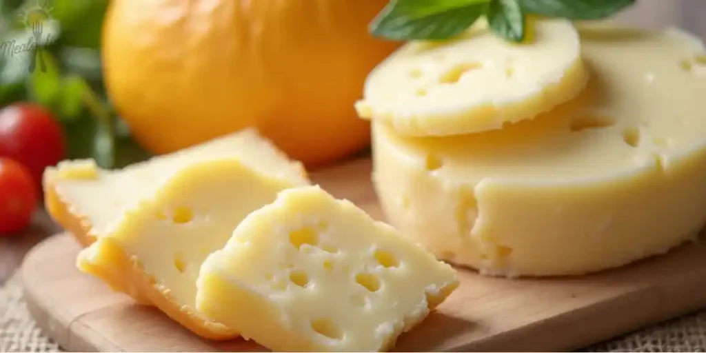 Slices of cheese with visible holes, garnished with a fresh basil leaf, placed on a wooden board with a tomato and yellow fruit in the background.