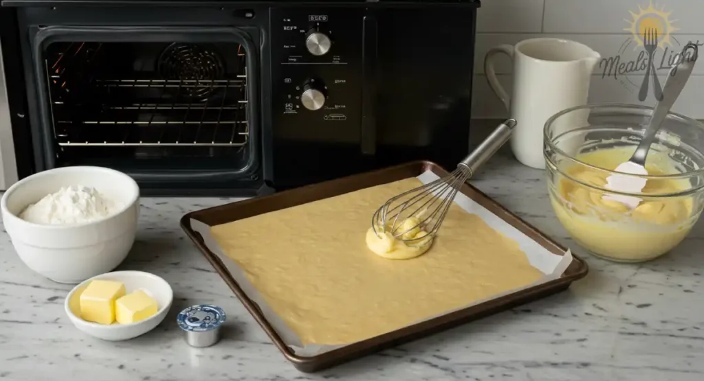 Kitchen counter setup showing a baking sheet with cake batter, an open oven, whisk with butter, mixing bowl, flour, and baking ingredients on a marble countertop.