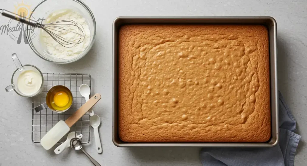 Overhead view of a freshly baked golden-brown cake in a square baking pan, alongside baking tools and ingredients including a bowl with a whisk, egg yolk, and cream on a wire cooling rack.