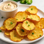 Homemade crispy jalapeño chips garnished with fresh green onions, served on a plate with a creamy dipping sauce.